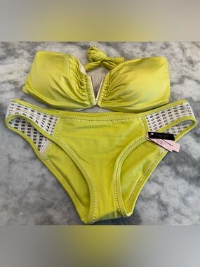 Victoria’s Secret Neon Yellow Bikini XL Crochet Sides Bandeau Top Euro Summer